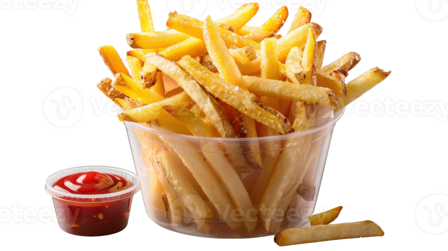 Crispy Golden French Fries Served in Clear Plastic Bowl with Red Ketchup Dipping Sauce on White Background png