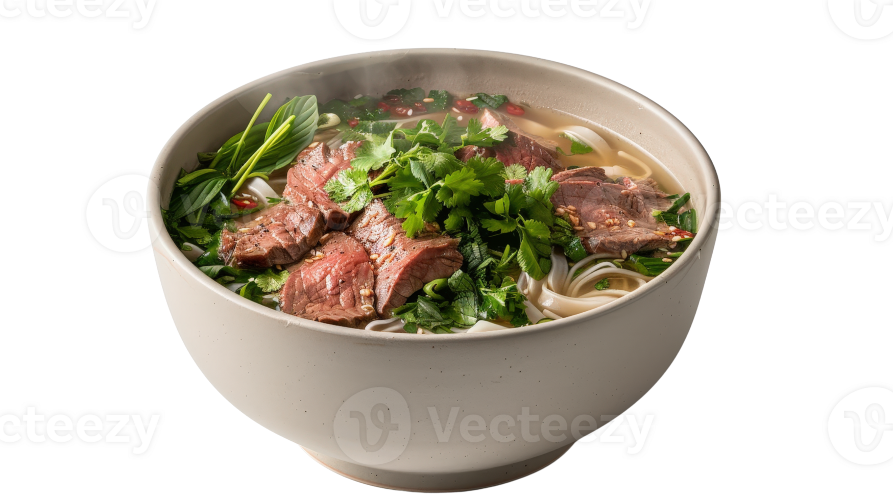 Freshly prepared beef noodle soup with herbs and spices in a large bowl, steam rising, vibrant colors, delicious presentation png