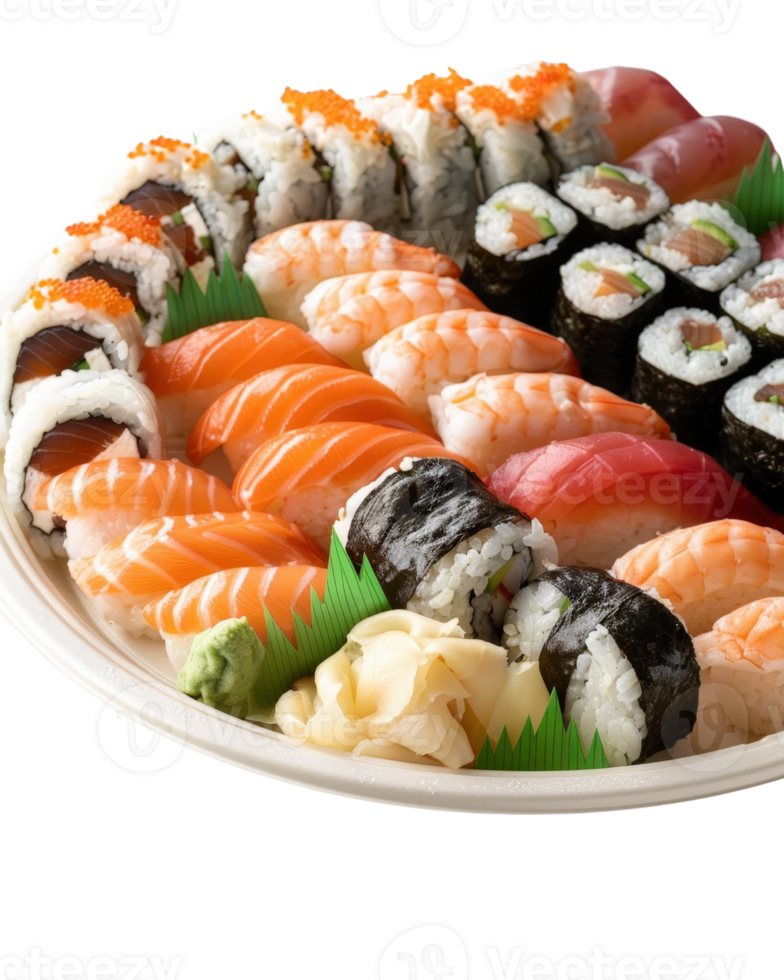 Colorful assortment of sushi rolls and sashimi beautifully arranged on a round plate with fresh garnishes and wasabi png