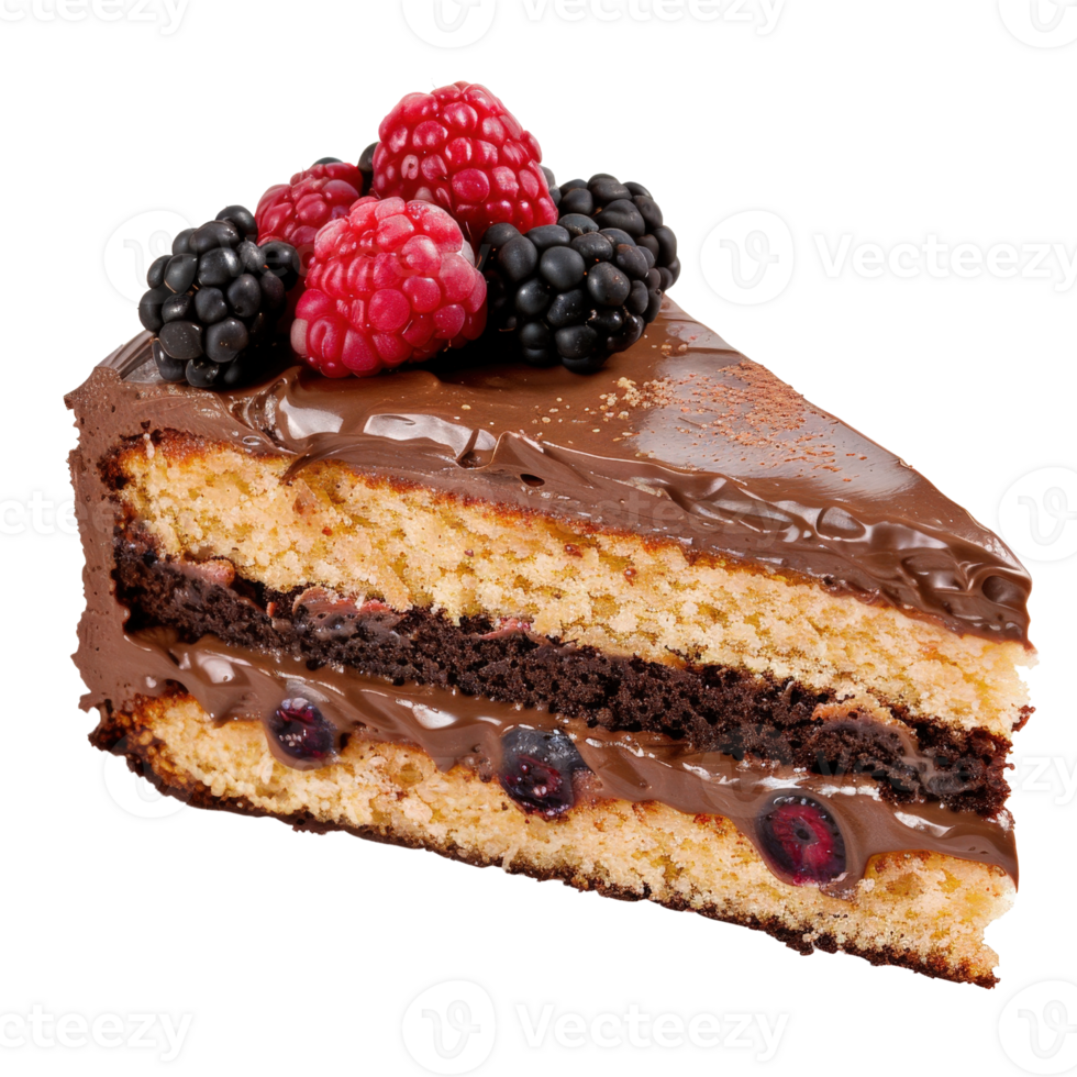 Decadent Chocolate Layer Cake Slice with Fresh Berries on Top and Smooth Chocolate Frosting, Isolated on White Background png