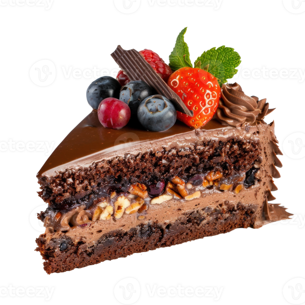 Delicious Chocolate Cake Slice with Fresh Berries, Nuts, and Creamy Topping on White Background png