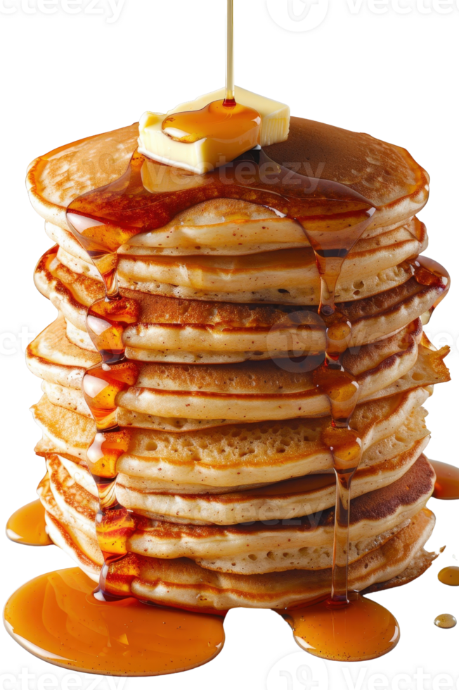 Tall Stack of Fluffy Pancakes Drizzled with Golden Syrup and Topped with Butter Isolating on White Background png