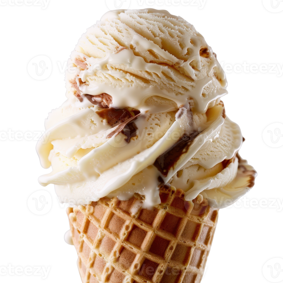 Creamy Vanilla Swirl Ice Cream Cone with Chocolate Drizzle Topped with Whipped Cream on a Crisp Waffle Cone png