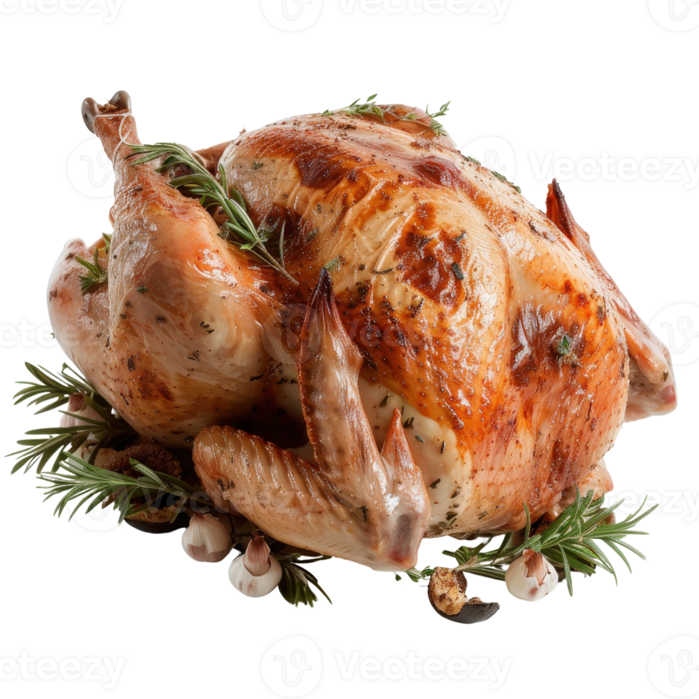 Juicy Whole Roasted Chicken Garnished with Fresh Herbs and Spices on a White Background for Culinary Purposes png