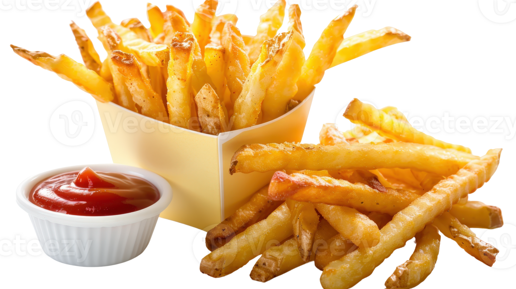 Crispy Golden French Fries with Ketchup Sauce in Takeout Box and Bowl on White Background png