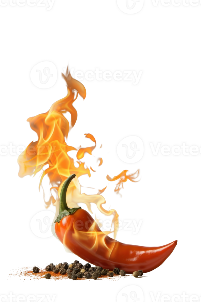 Vibrant Red Chili Pepper Surrounded by Fiery Flames and Spices on Black Background for Culinary Themes png