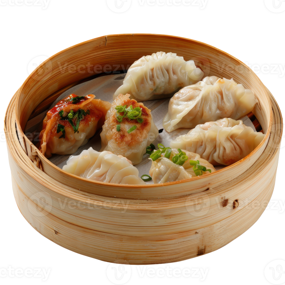 Steaming Bamboo Basket with Assorted Dumplings Including Pork, Vegetable, and Scallion Varieties Ready to Enjoy png