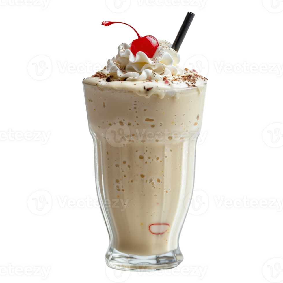Delicious Milkshake with Cream Topping and Cherry in Clear Glass on White Background for Dessert and Beverage Themes png