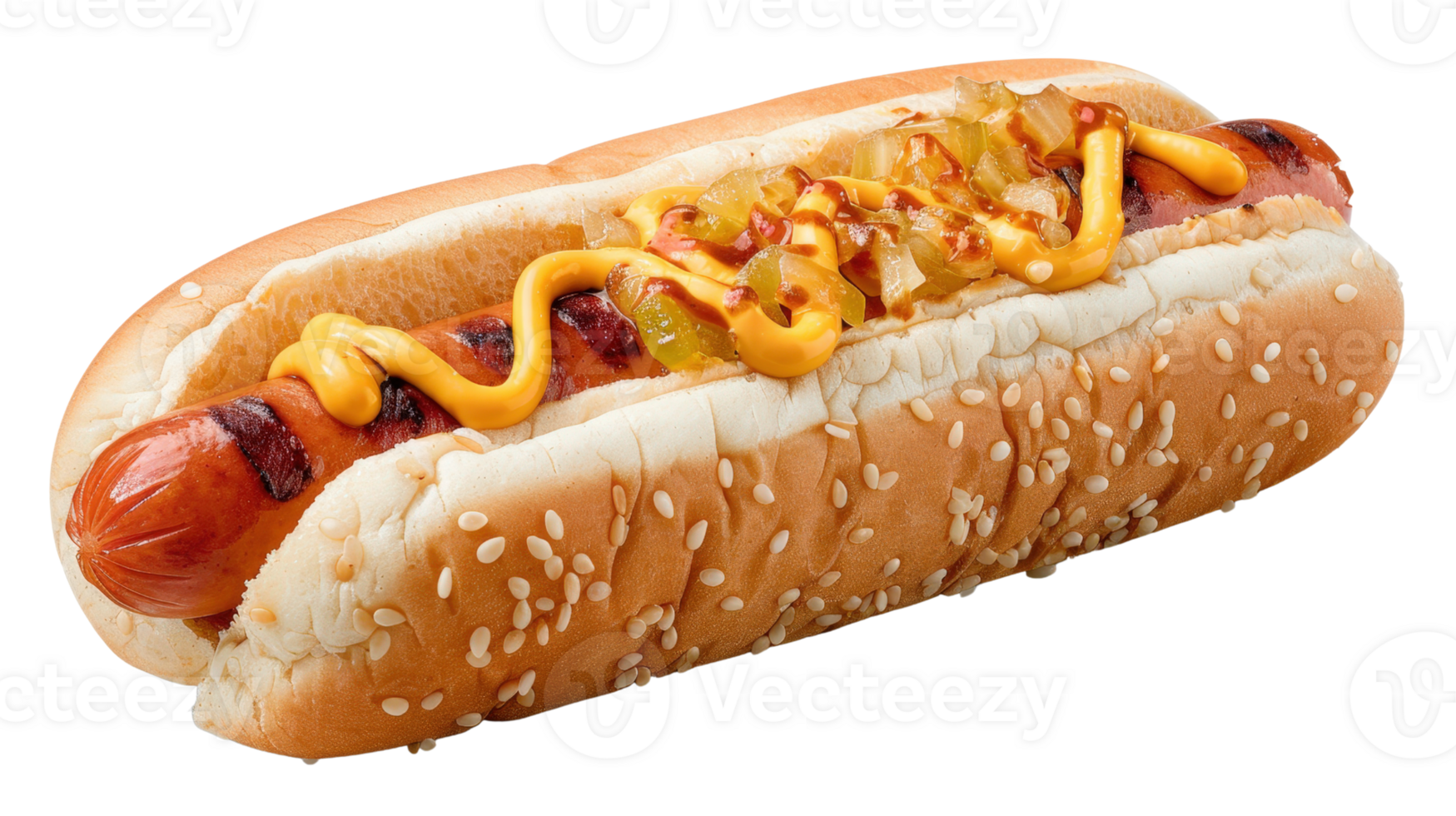Grilled sausage hot dog with mustard and relish in a sesame seed bun on a white background png