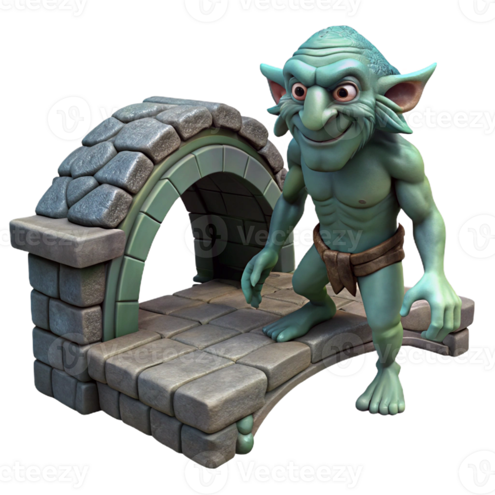 serene vintage A cunning troll, lurking beneath a stone bridge in a shadowy forest. Art style Dark Fantasy authentic png