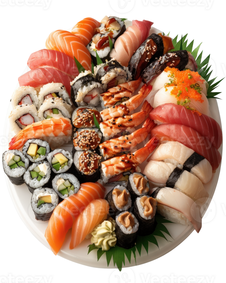 Exquisite Assortment of Fresh Sushi and Sashimi on a Platter with Vibrant Colors and Varied Textures for Culinary Delight png