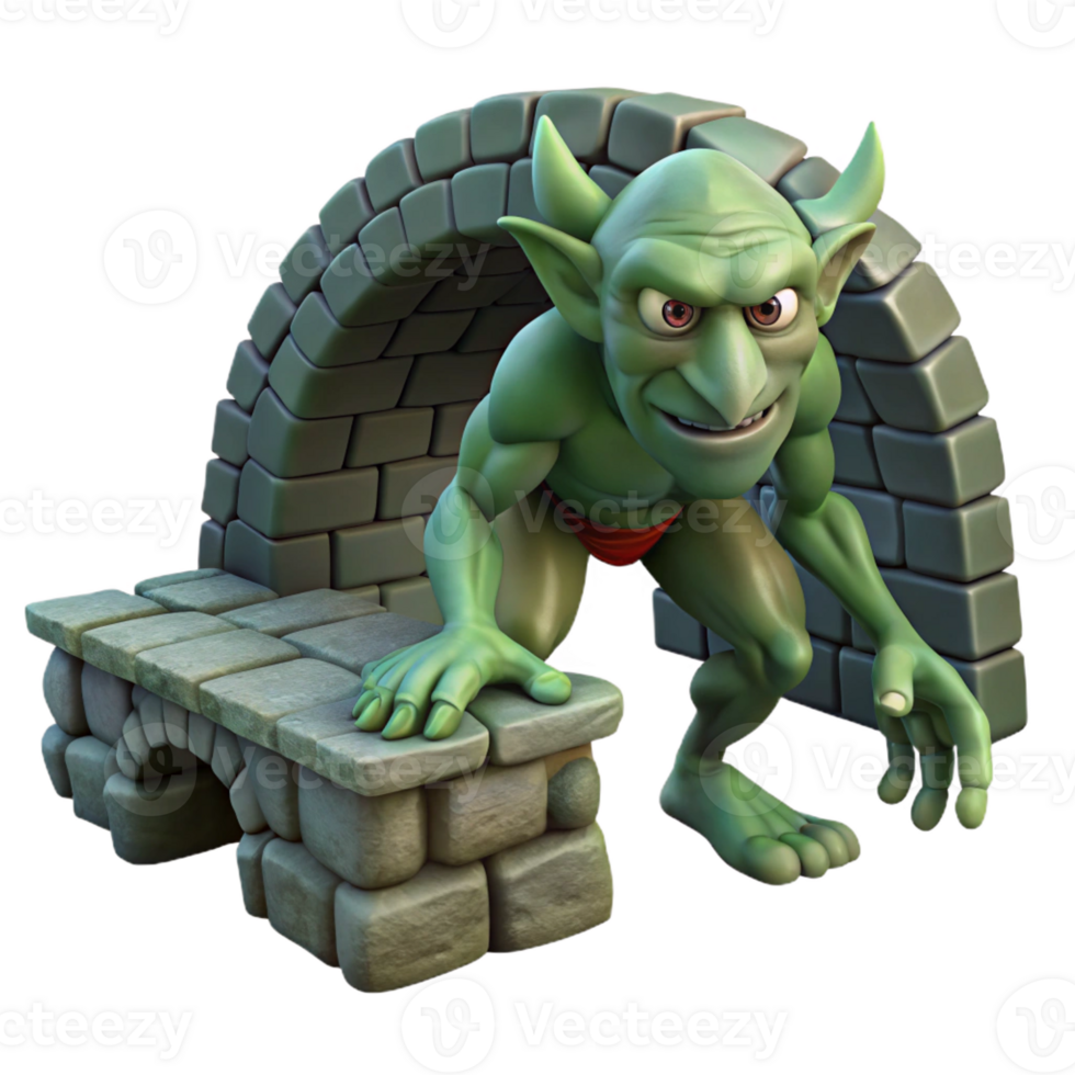 serene rustic A cunning troll, lurking beneath a stone bridge in a shadowy forest. Art style Dark Fantasy detailed png