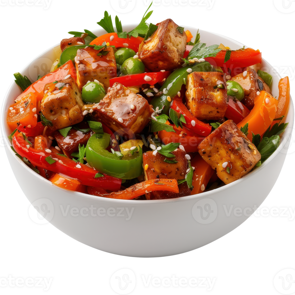 Fresh and Colorful Vegetable Stir-Fry with Tofu, Peppers, and Sesame Seeds in a White Bowl png
