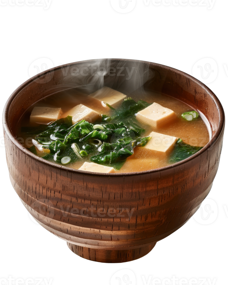 Warm and Inviting Bowl of Miso Soup with Tofu and Greens Steaming in a Traditional Wooden Cup png