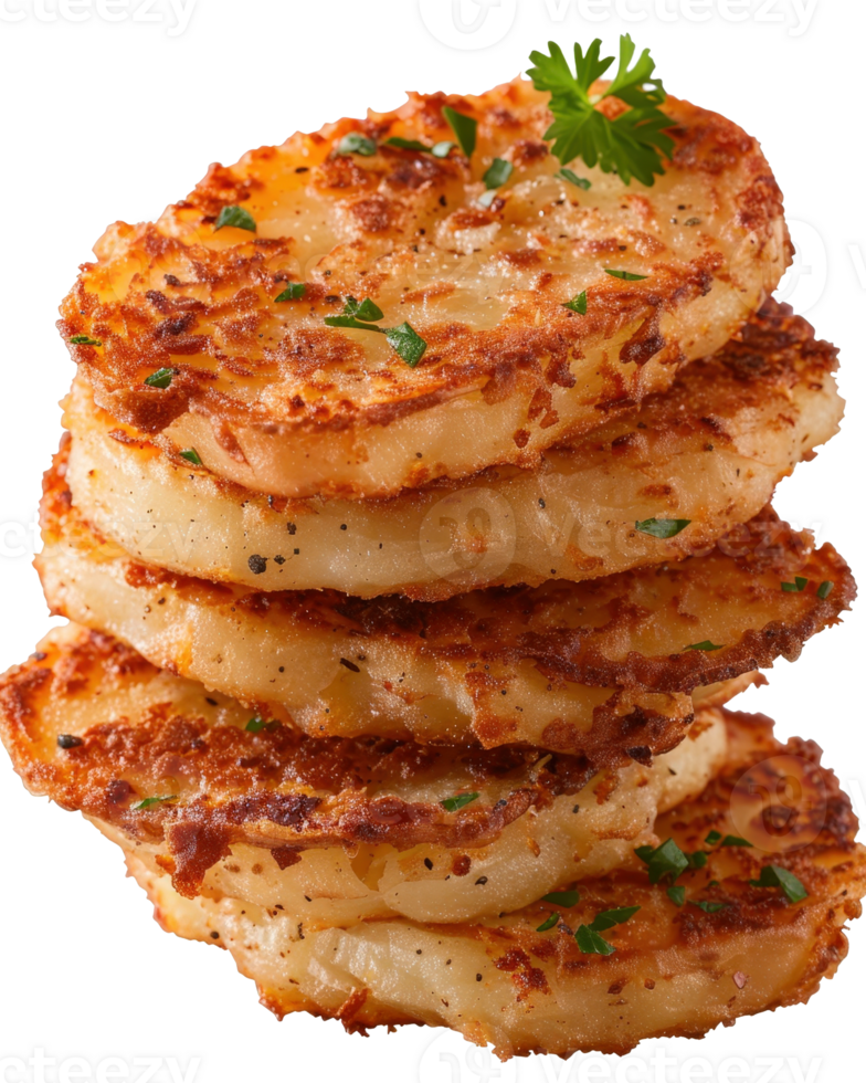 Crispy and Golden Brown Potato Pancakes Stacked High with Fresh Herb Garnish on a Light Background png