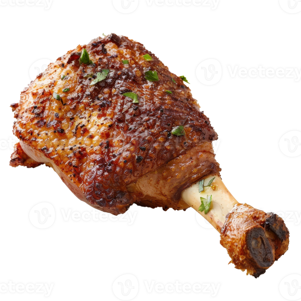 Juicy Roast Chicken Leg with Crispy Skin Garnished with Fresh Herbs on a White Background png