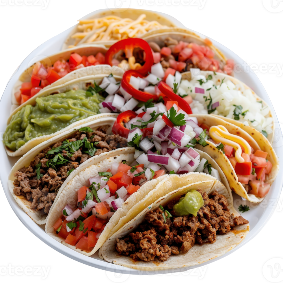 A Colorful Assortment of Delicious Tacos with Toppings and Fresh Ingredients on a White Plate png