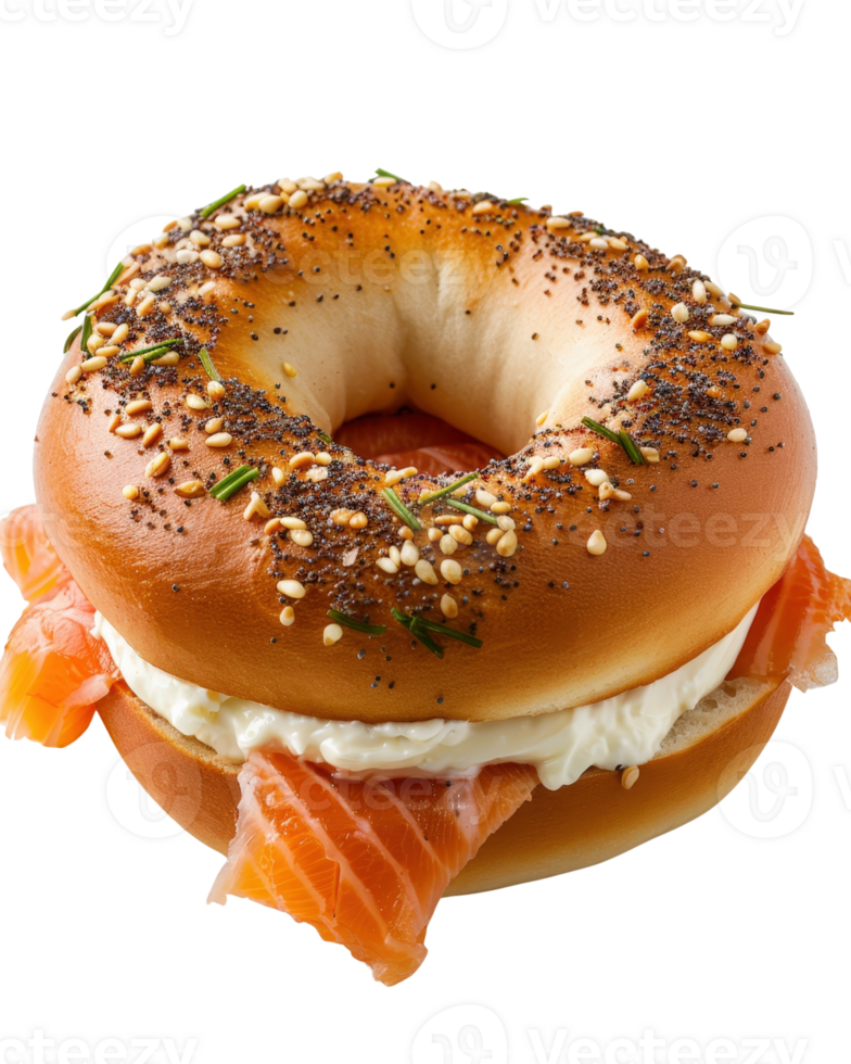 Freshly Toasted Bagel with Cream Cheese and Smoked Salmon Garnished with Spices and Herbs png
