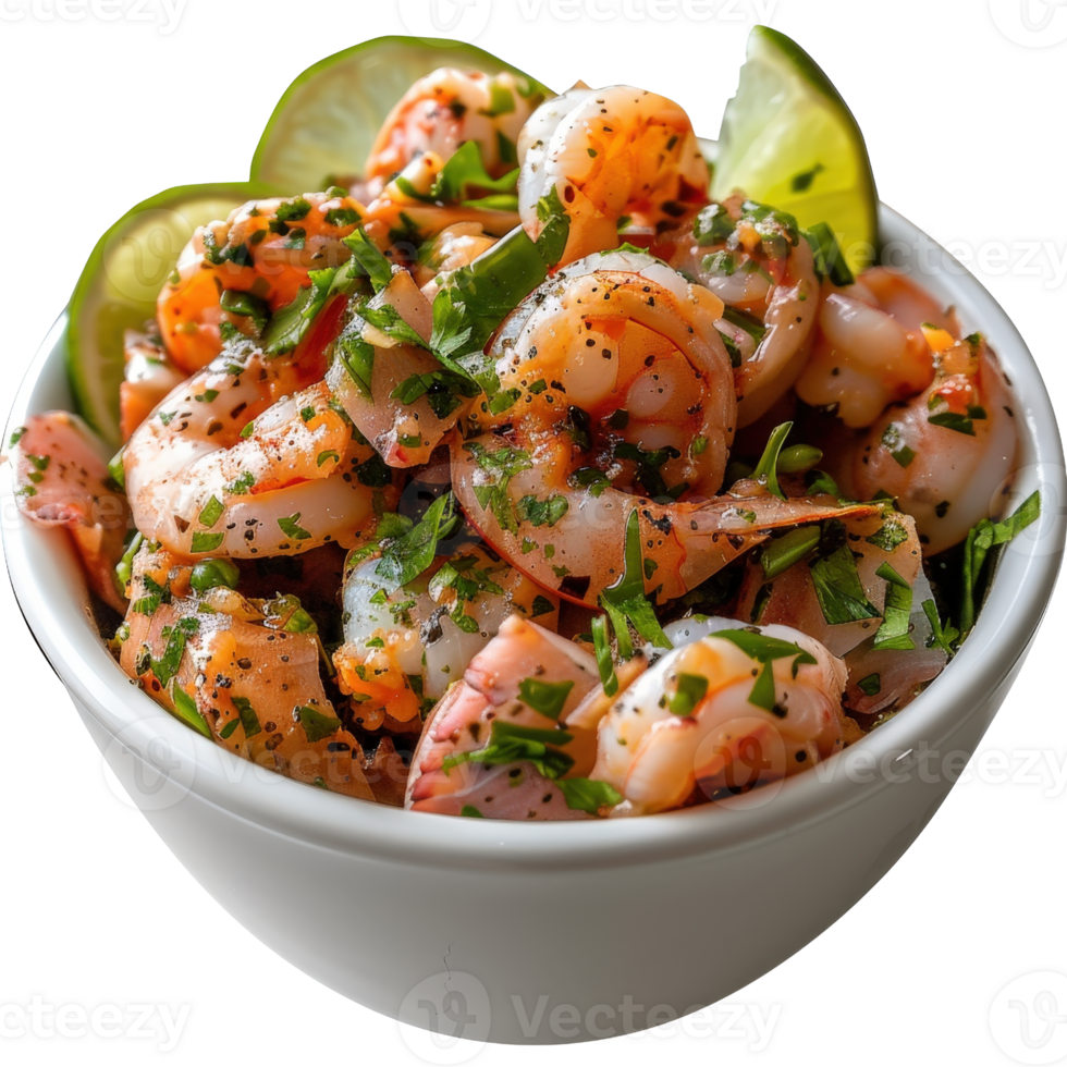 Freshly Prepared Shrimp Dish with Lime Slices and Herb Garnish in a White Serving Bowl on Wooden Table png