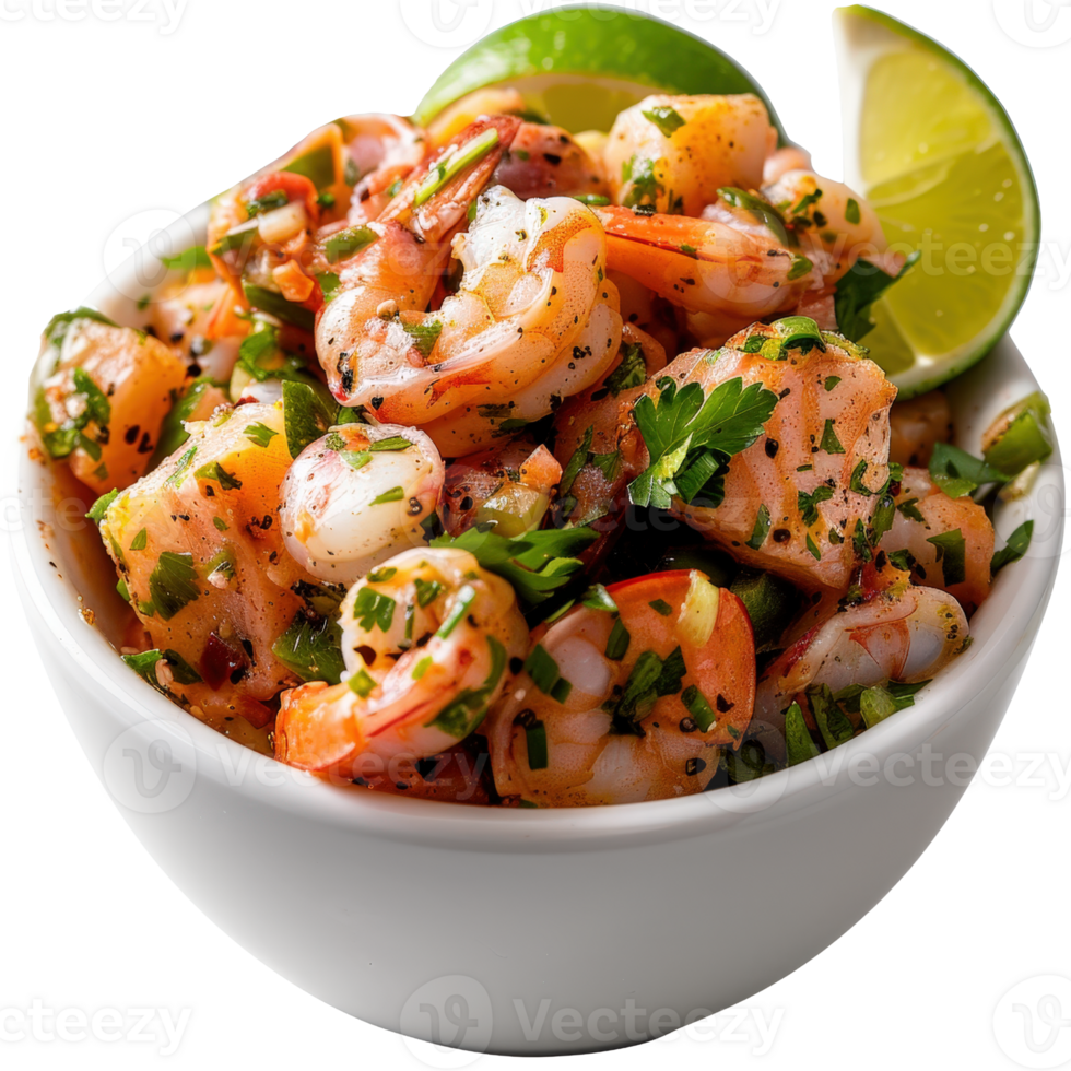 Fresh Shrimp Ceviche with Lime and Herbs in a White Bowl Ready for Serving and Enjoying at a Summery Meal png
