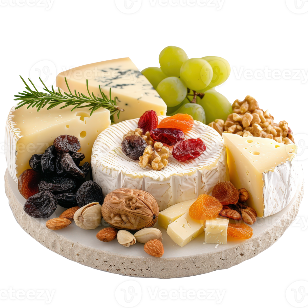 Assorted Cheese Platter with Nuts, Dried Fruits, Grapes, and Fresh Herbs for a Gourmet Experience png
