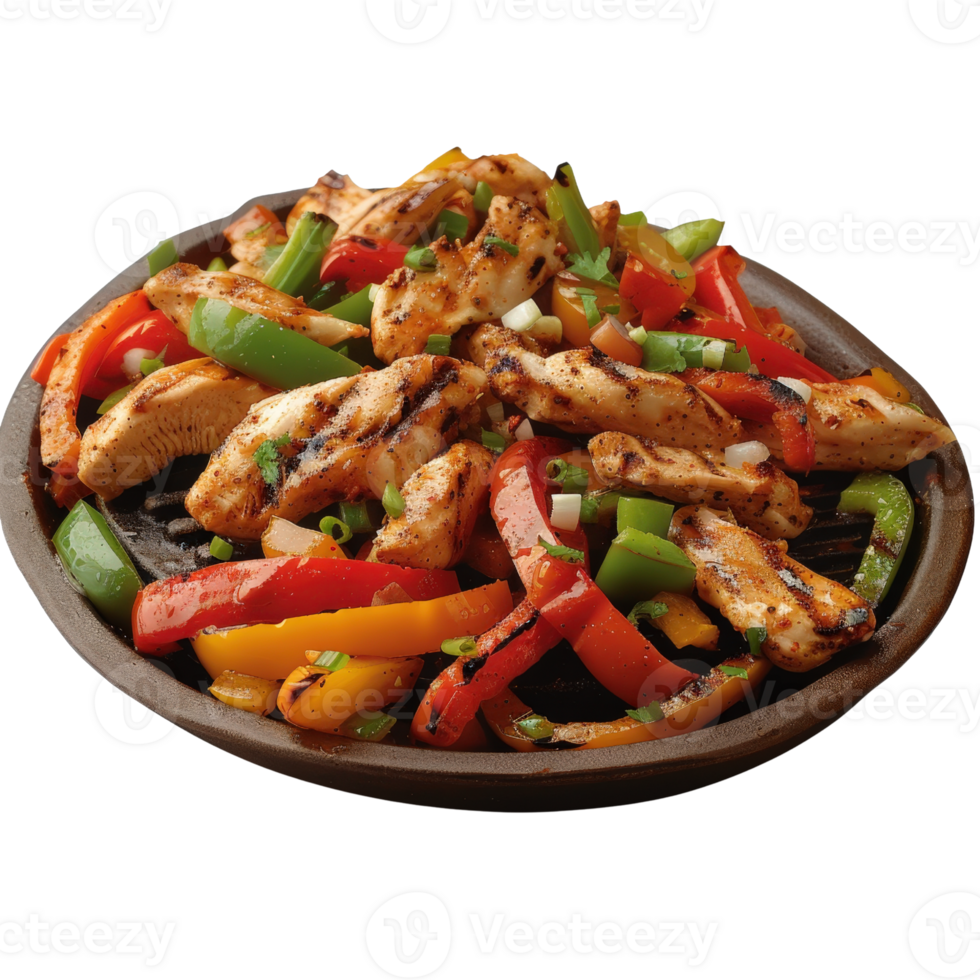 Grilled Chicken Fajitas with Colorful Peppers on a Sizzling Platter, Perfect for Mexican Cuisine Lovers png