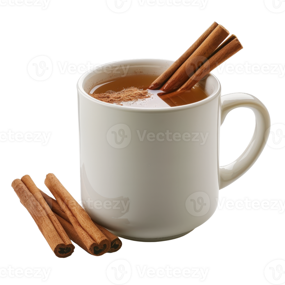 Warm Cinnamon Tea in White Mug with Cinnamon Sticks Garnish and Cinnamon Powder on the Surface png