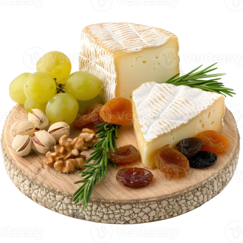 Delicious assortment of cheese, grapes, dried fruits, nuts, and herbs on a wooden serving board for gourmet display png