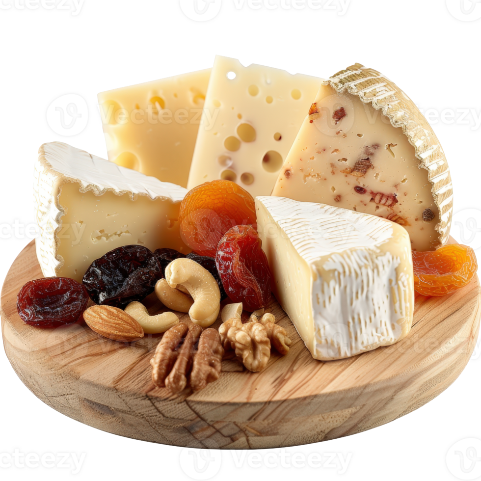 Assorted Artisan Cheeses on a Wooden Board with Dried Fruits and Nuts in a Gourmet Presentation png