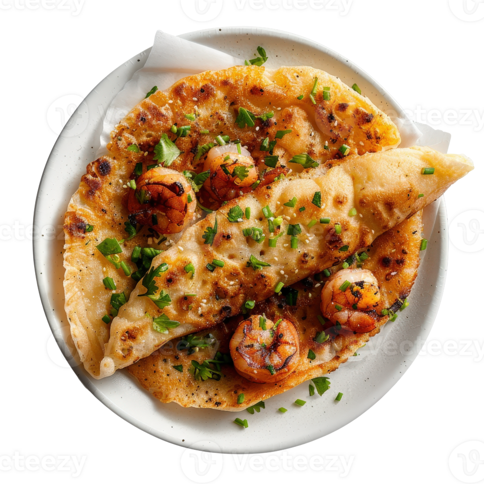 Delicious Shrimp and Herb Crepe on a Rustic Plate with Fresh Garnish and Golden Brown Texture png