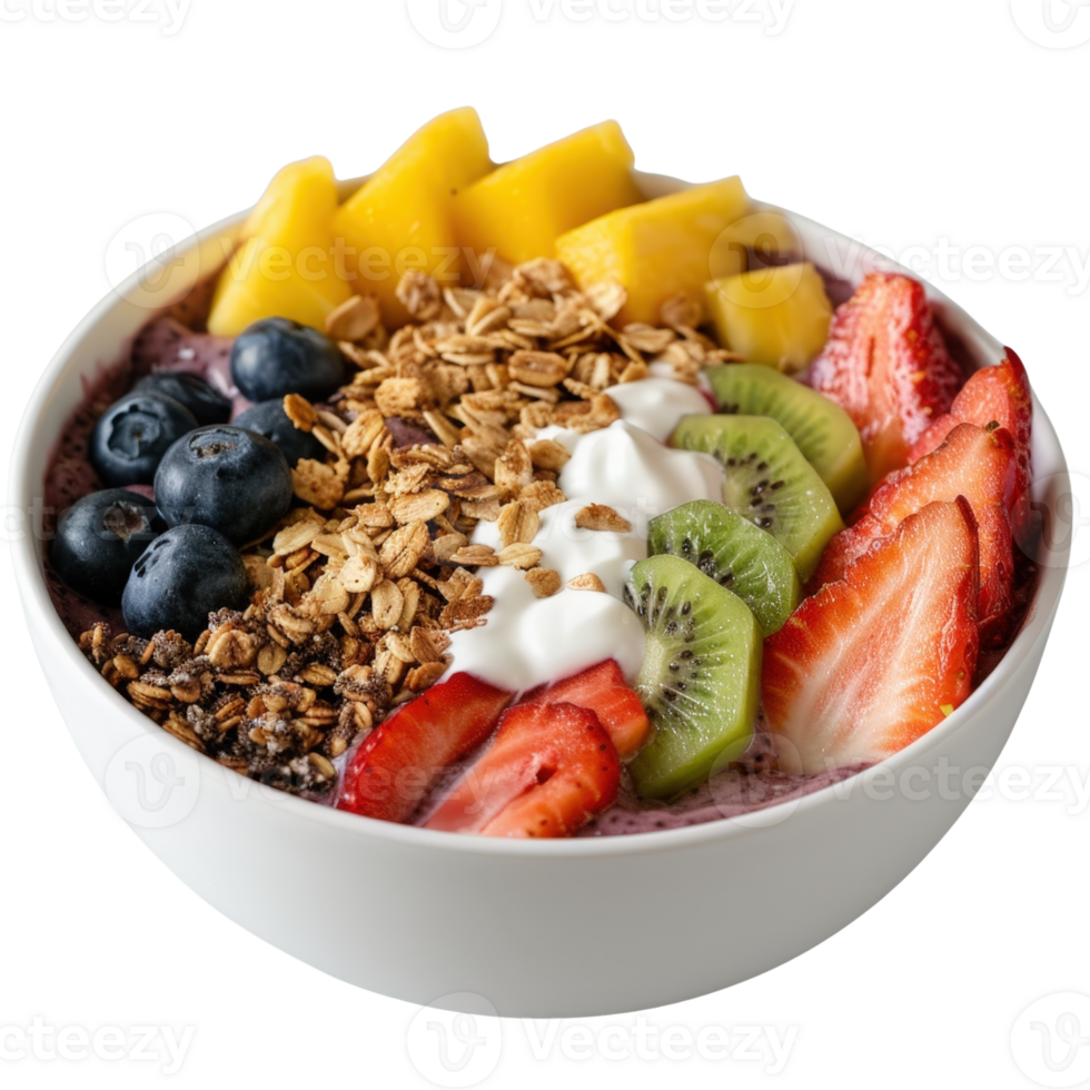 Fresh and Colorful Fruit Bowl with Granola, Yogurt, and Assorted Berries in a White Ceramic Bowl png