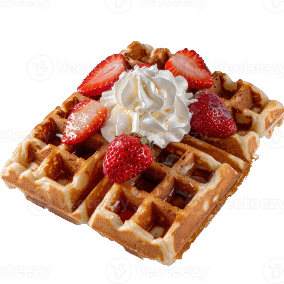 Delicious Golden Waffles with Fresh Strawberries and Whipped Cream on a Bright White Background, Perfect for Breakfast png