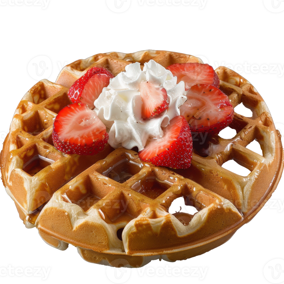 Delicious Golden Waffle Topped with Fresh Strawberries and Creamy Whipped Topping on White Background png