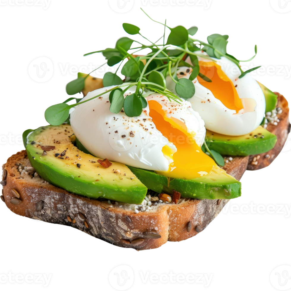 Delicious Poached Eggs on Toast with Avocado and Microgreens for a Healthy Breakfast Option png