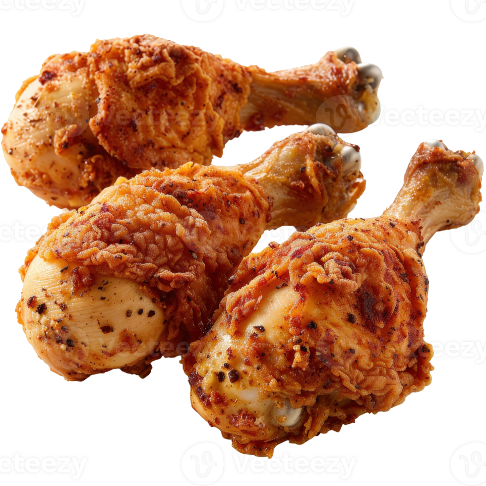 Crispy Golden Fried Chicken Drumsticks with Crunchy Texture and Juicy Meat Served on a White Background png