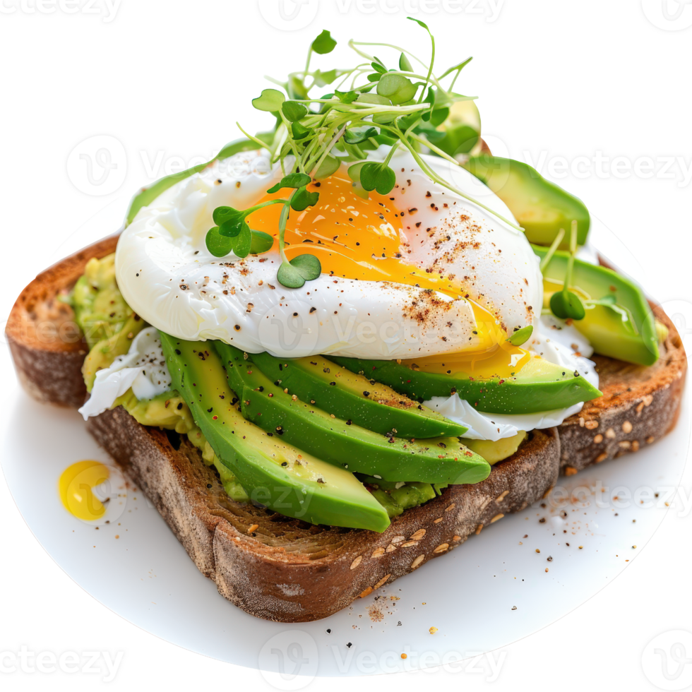Fresh and Healthy Avocado Toast with Poached Egg, Microgreens, and Seasoning on Whole Grain Bread png