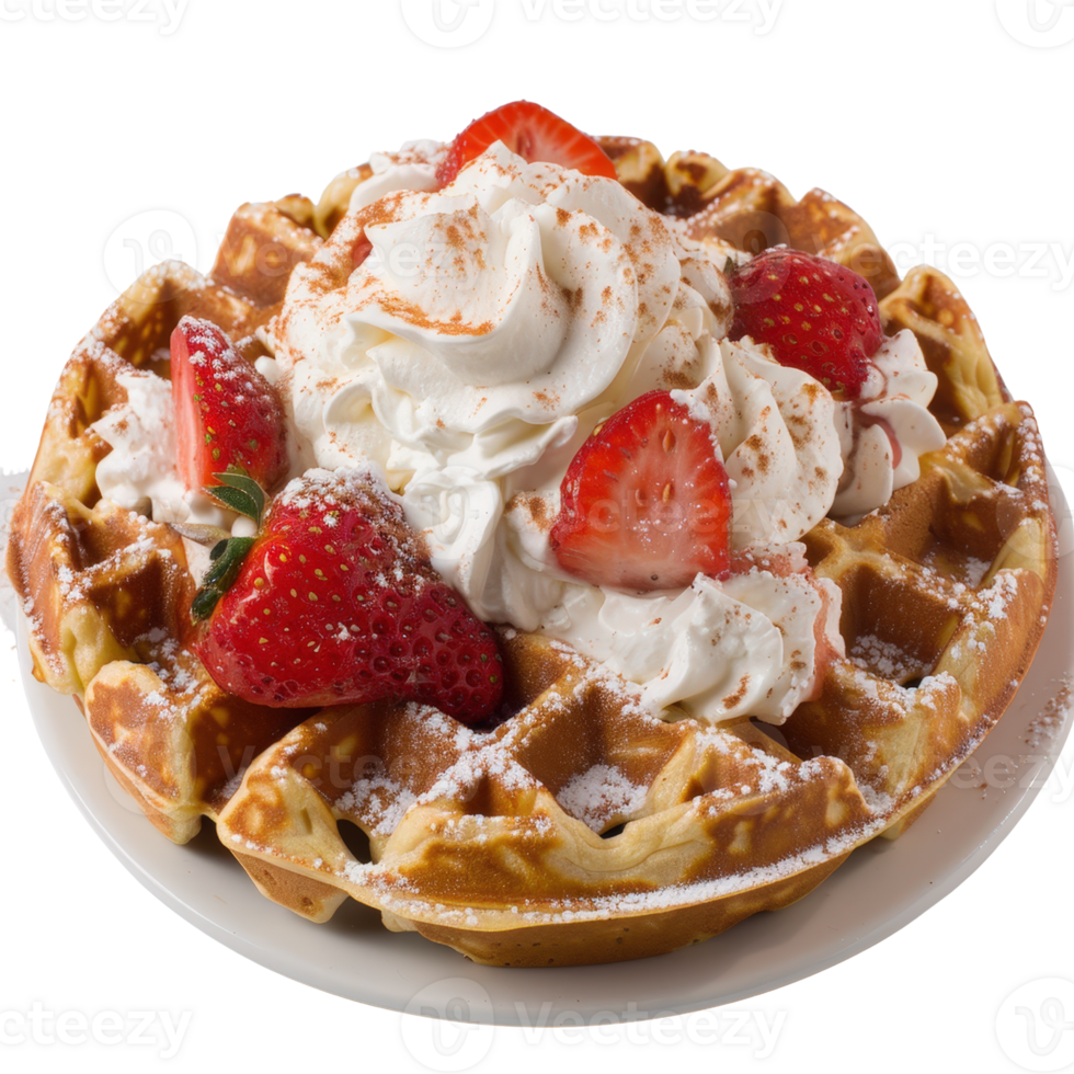 Delicious golden waffle topped with fresh strawberries and whipped cream on a white plate against a neutral background png