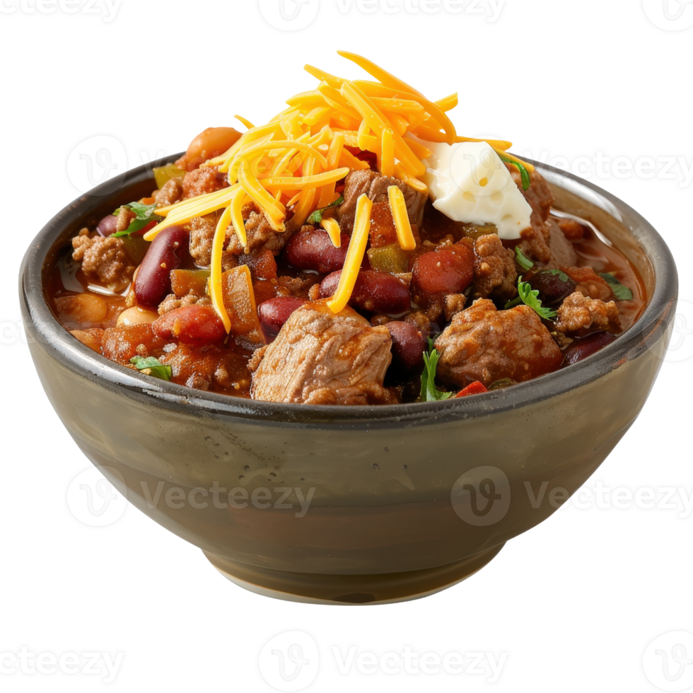 Hearty Chili Bowl with Beans, Meat, Cheese, and Fresh Toppings Served in a Rustic Stoneware Dish png