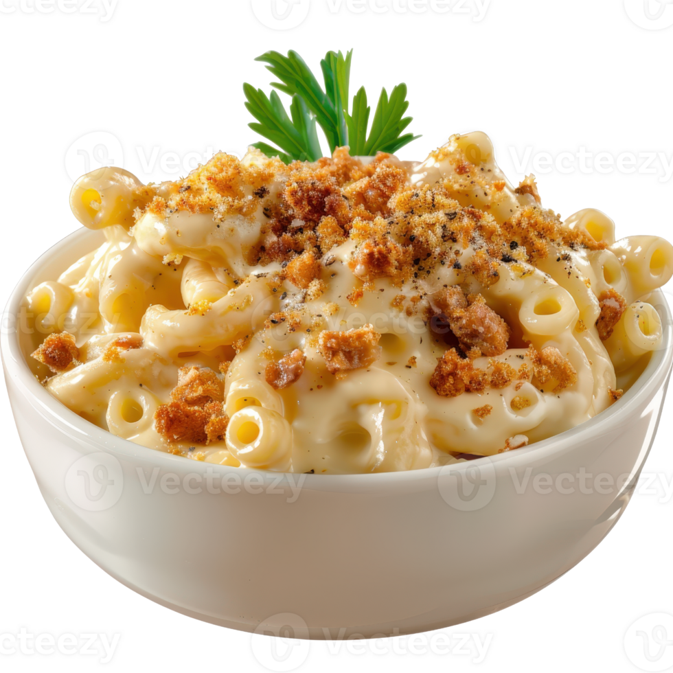 Creamy Macaroni and Cheese with Crispy Breadcrumb Topping and Fresh Parsley Garnish in a Bowl png