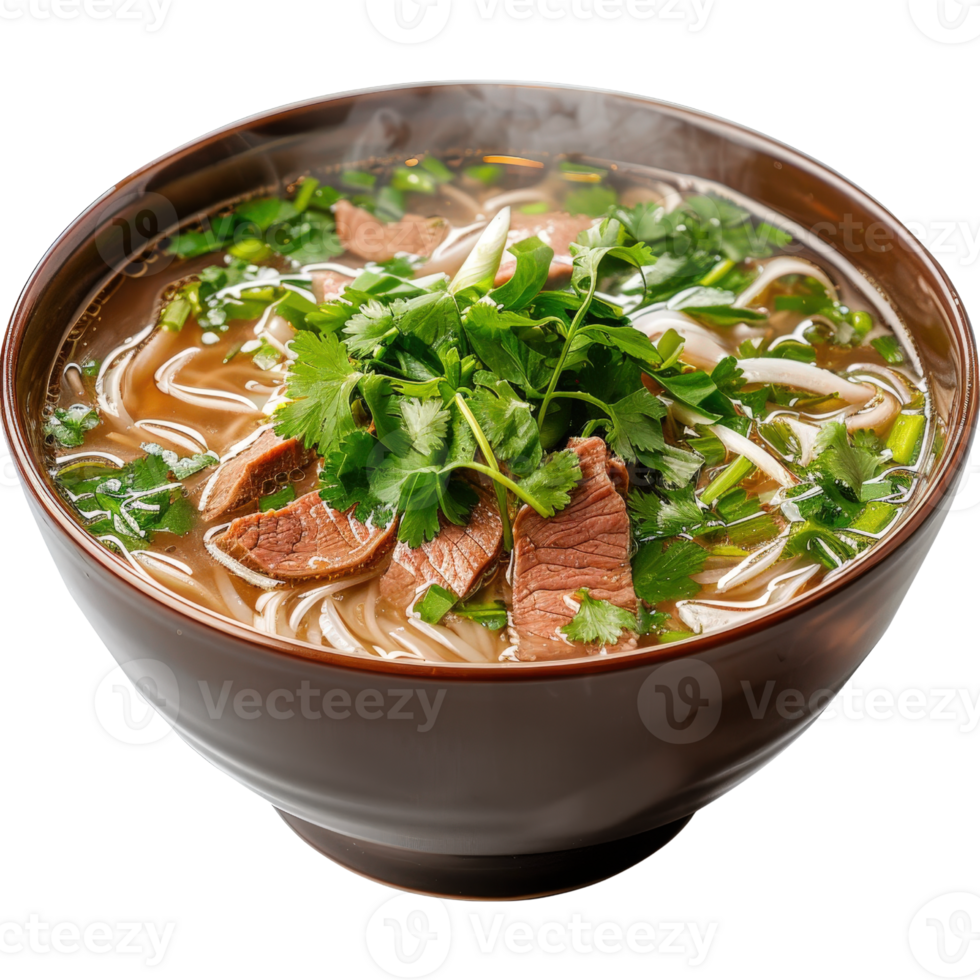 Freshly Served Beef Pho with Herbs and Noodles in a Traditional Bowl on a Wooden Table png