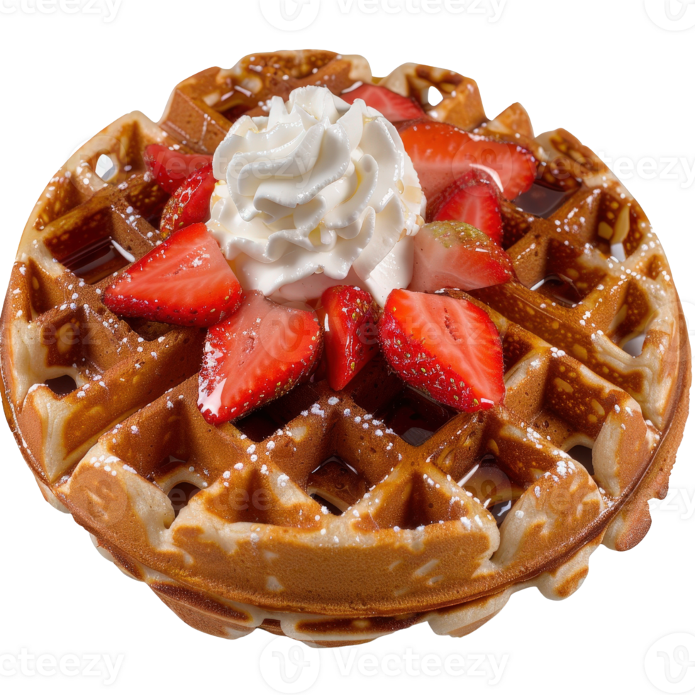 Delicious golden waffle topped with fresh strawberries and whipped cream drizzled with syrup for a perfect breakfast delight png