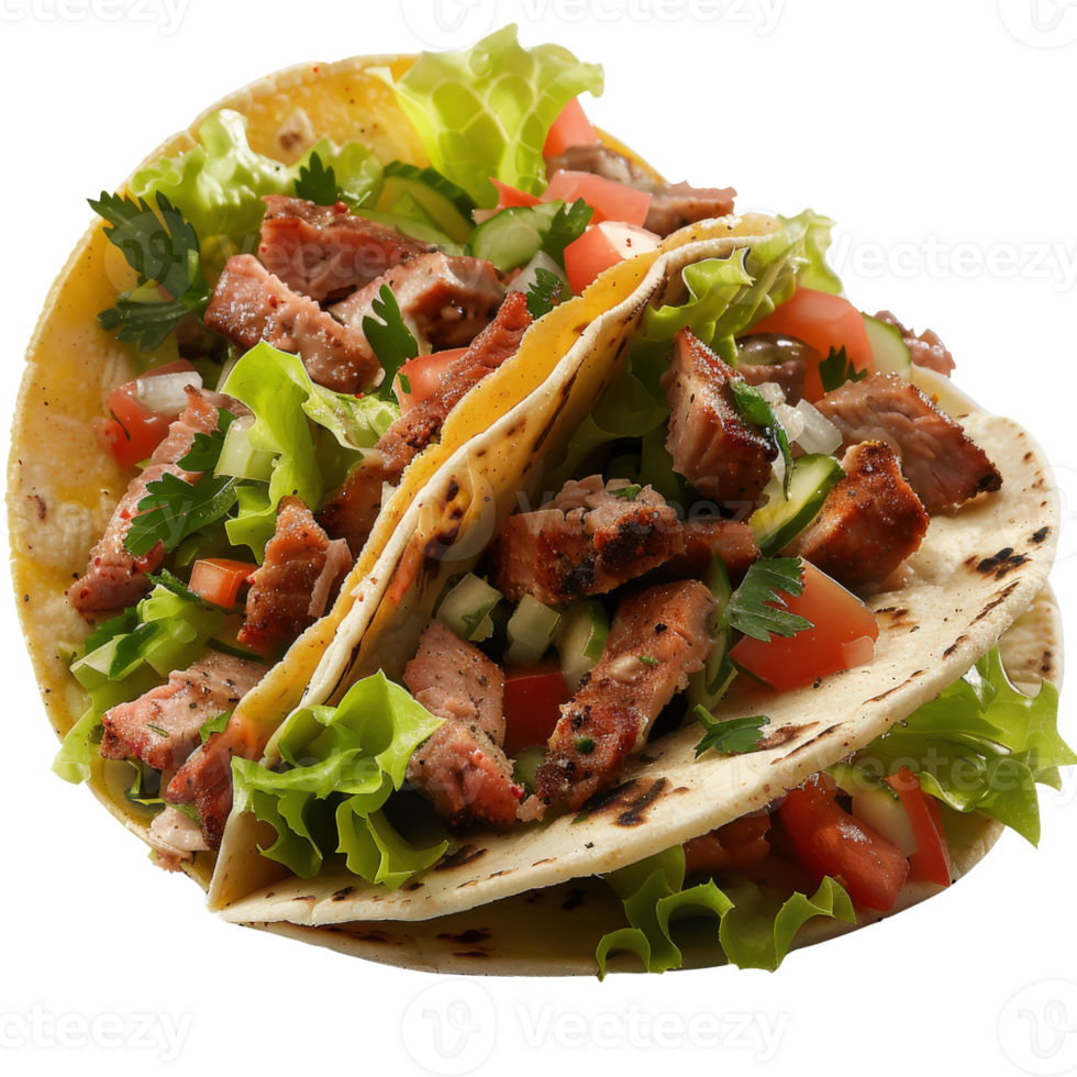 Delicious Open-Faced Tacos with Grilled Meat, Fresh Vegetables, and Aromatic Herbs on a Rustic Background png