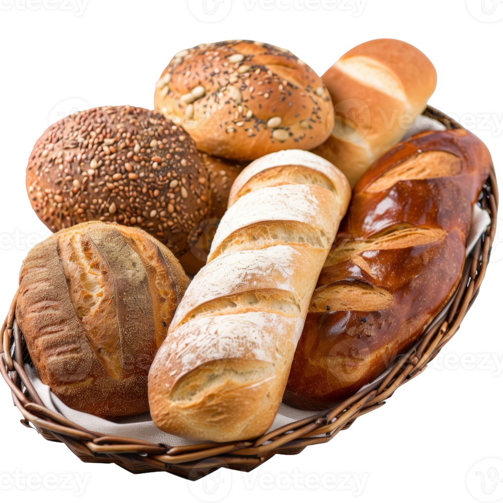 Assorted Bakery Breads in a Basket with Delicious Fresh Baked Loaves and Rolls on a Textured Background png