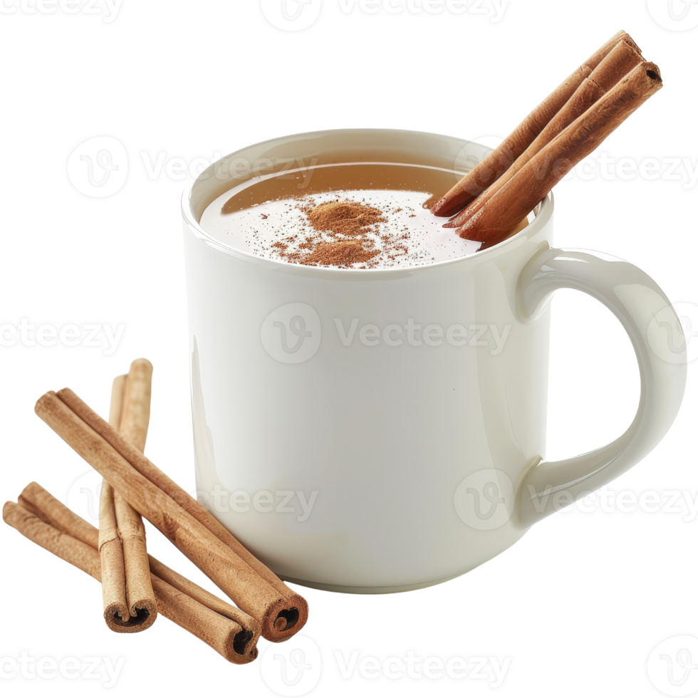 Warm Cinnamon Beverage with a White Mug and Cinnamon Sticks on a Light Background for Cozy Winter Themes png