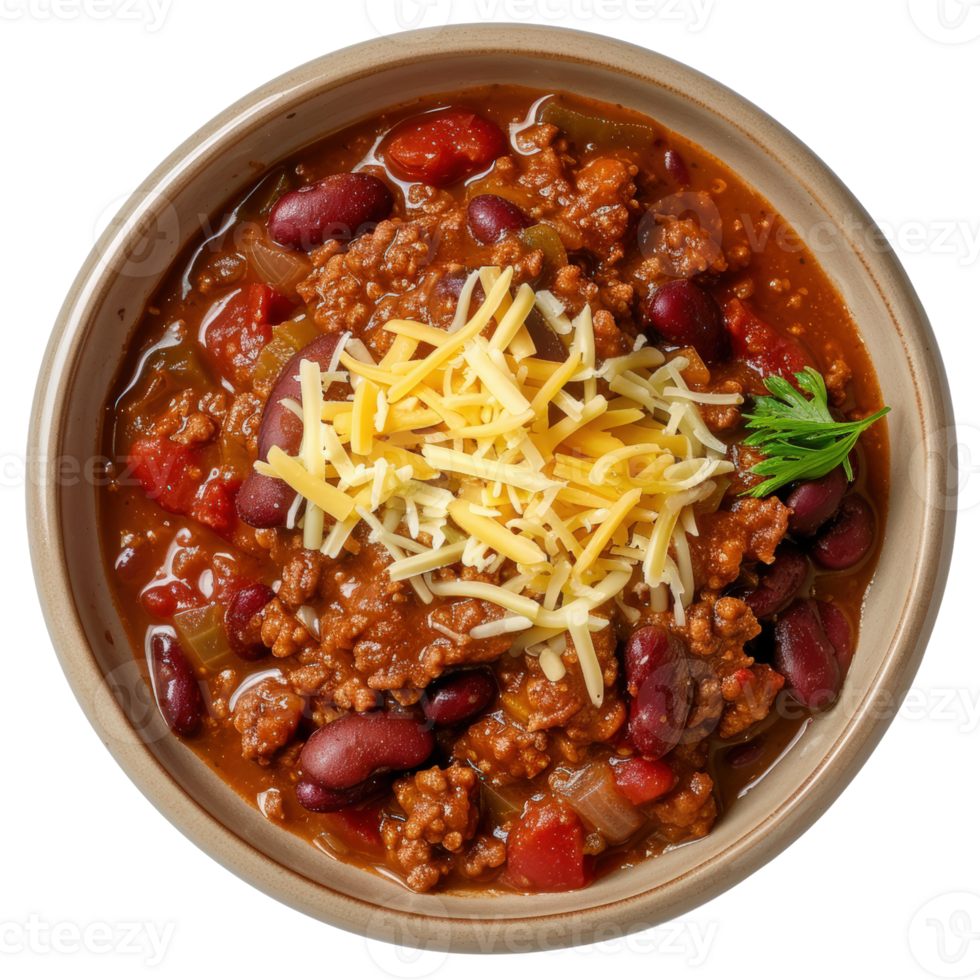 Hearty Chili Dish Topped with Cheddar Cheese and Fresh Herbs in Brown Bowl on White Background png