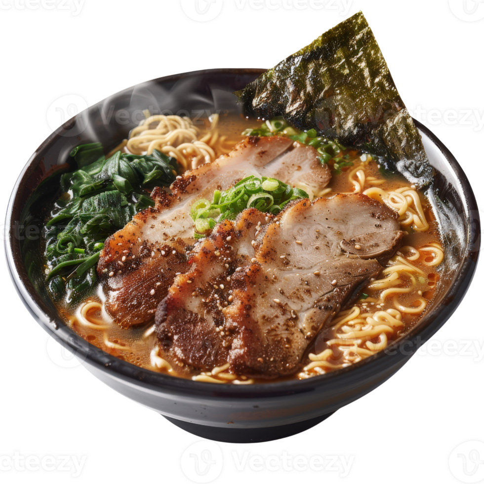 Delicious bowl of ramen with sliced pork, seaweed, green onions, and fresh noodles in savory broth on black background png