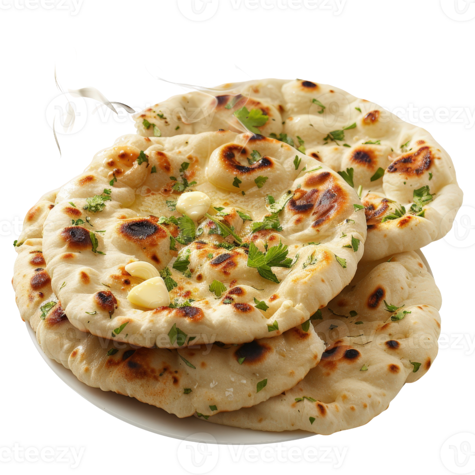 Freshly Baked Naan Bread with Butter and Herbs, Ideal for Indian Cuisine, Served Hot on a White Plate png
