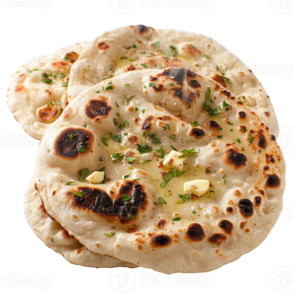 Freshly Baked Garlic Naan Bread with Herbs on White Background, Soft and Flavorful Indian Cuisine Delight png