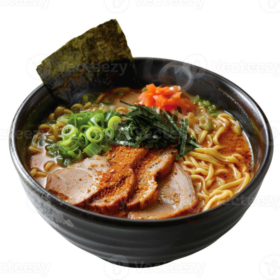 Delicious Bowl of Ramen Noodles with Sliced Pork Chashu, Green Onions, Seaweed, and Spicy Red Pepper Flakes png