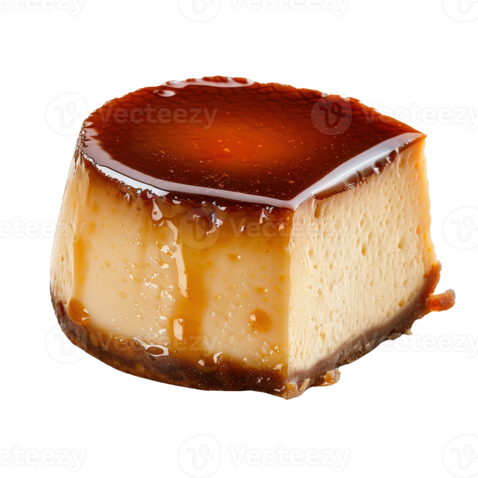 Creamy caramel flan dessert on a white background with rich golden syrup glaze, delicious and indulgent treat for any occasion png